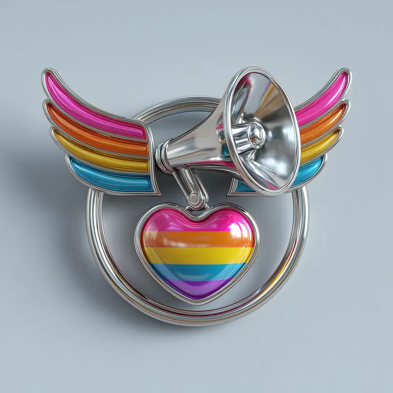 Metallic heart with rainbow wings and megaphone in 3D digital art