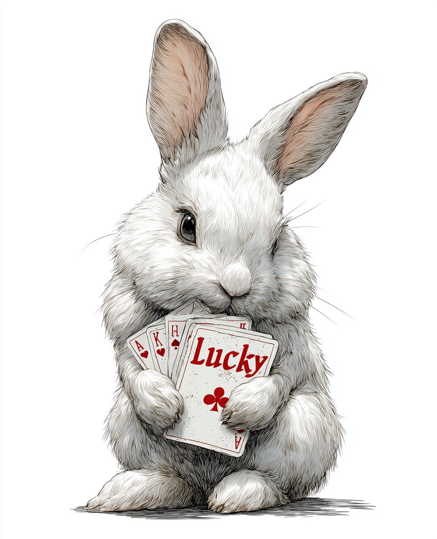 A detailed drawing of a fluffy white rabbit holding playing cards, one card prominently displays the word 'Lucky' with a red club symbol