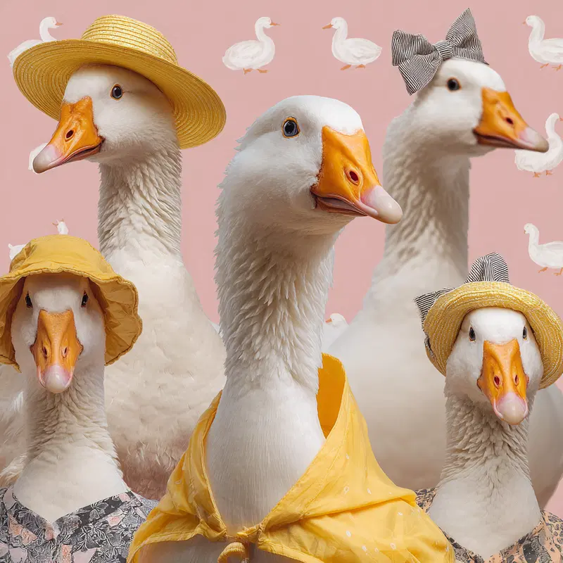 Group of white geese dressed in different cute hats and clothes on a pink background