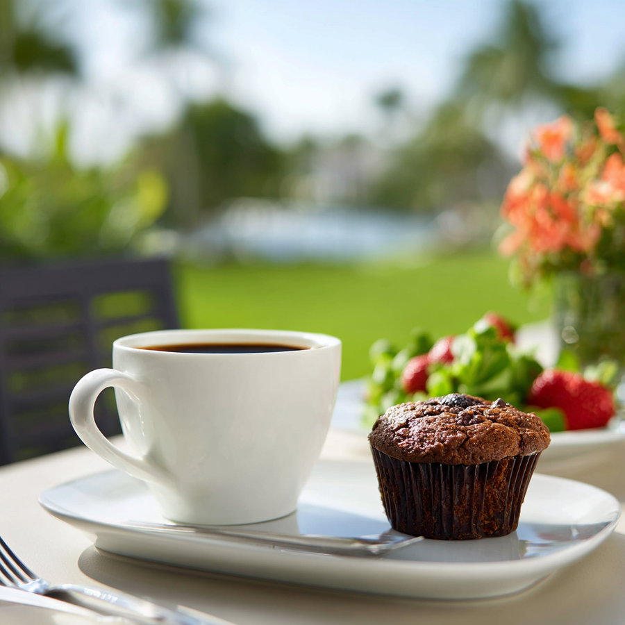 A white coffee cup filled with black coffee next to a chocolate muffin on a white rectangular plate outside, with blurred greenery and flowers in the background