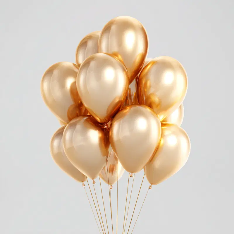 Cluster of shiny golden balloons isolated on a plain light background