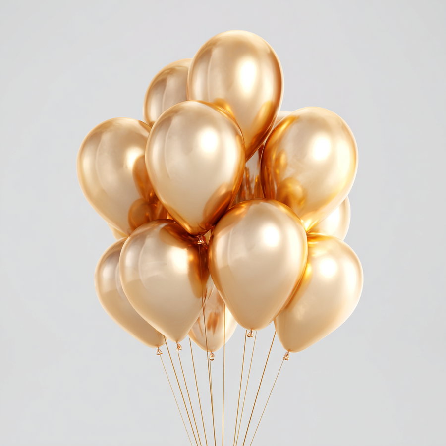 A group of shiny metallic gold balloons tied together with strings against a plain light gray background