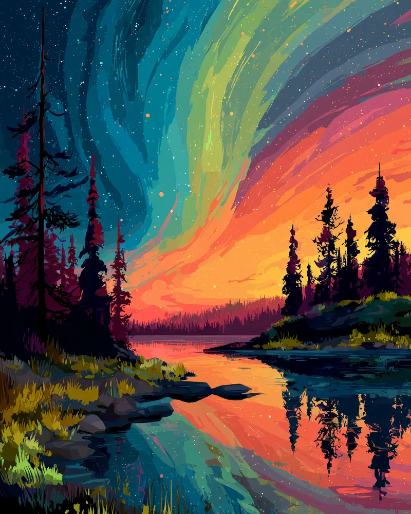 Digital landscape illustration of forest and lake under colorful aurora sky