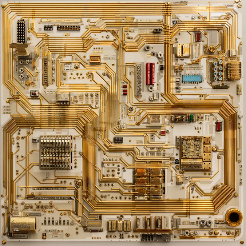 Detailed concept art of a futuristic gold circuit board with intricate wiring and components
