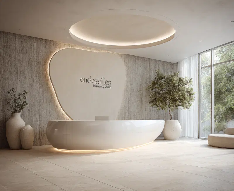 Minimalist and modern beauty clinic interior with curved reception desk and natural light