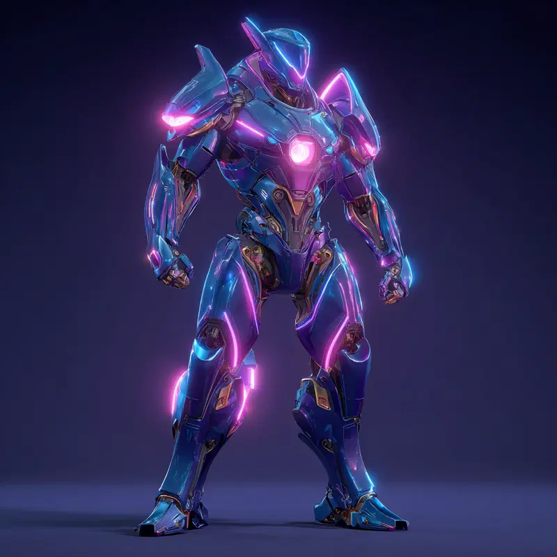 Highly detailed futuristic armored robot character with neon purple and blue lights