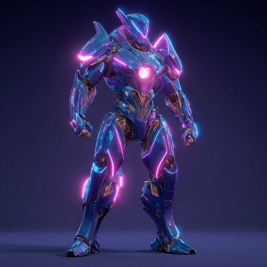 A full-body view of a futuristic armored robot with blue and purple neon glowing accents standing against a dark background