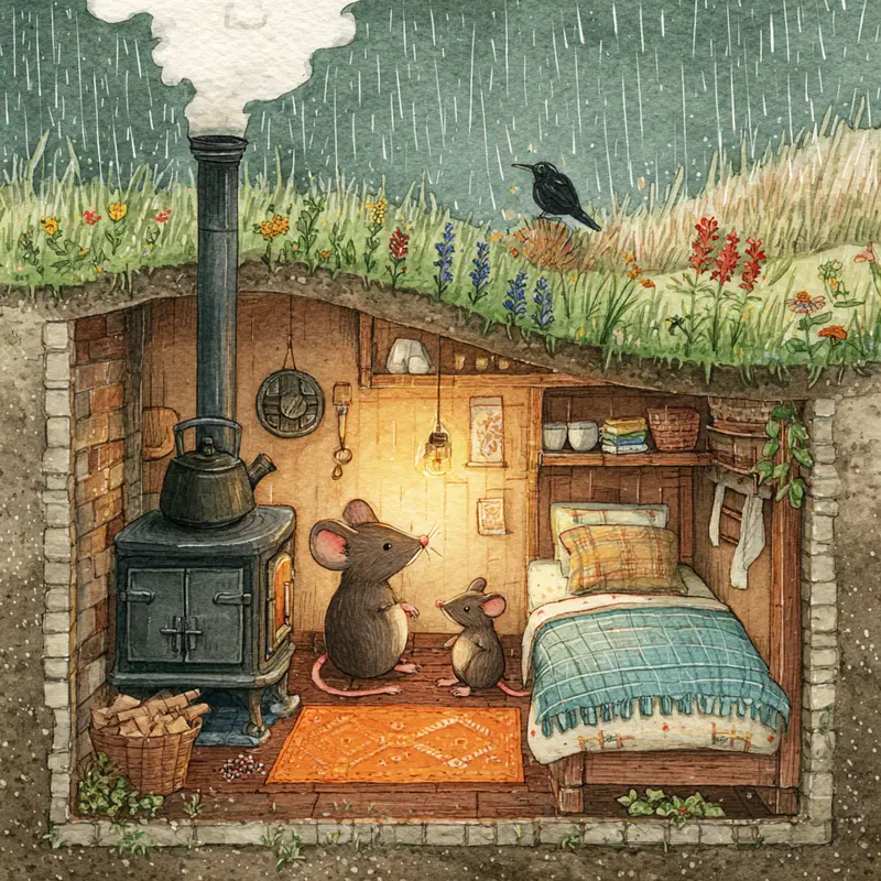 Cozy illustrated mouse home underground during rainfall with flowers