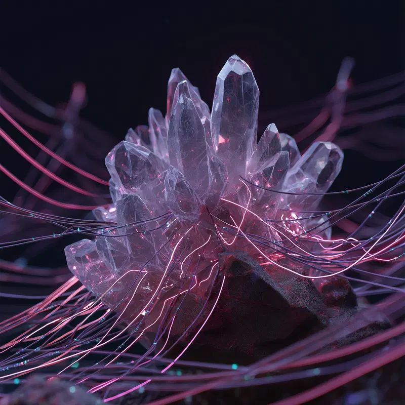 A detailed 3D render of translucent crystals with glowing neon wires attached