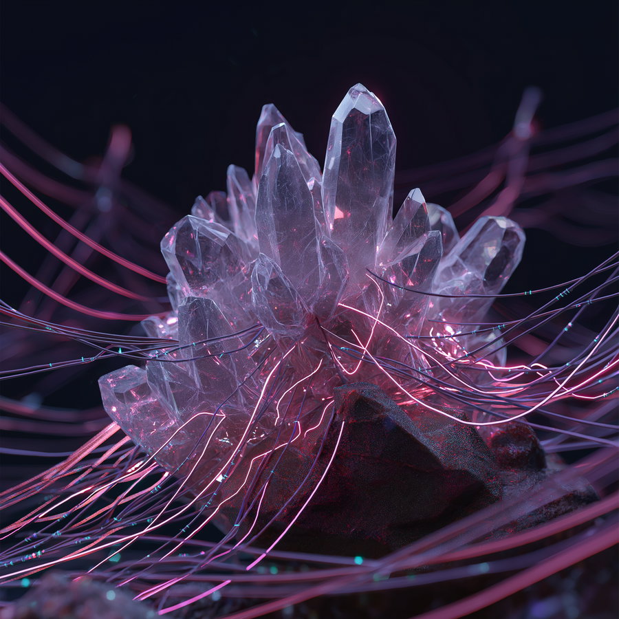 A cluster of translucent crystals emitting pink and purple neon light with numerous thin glowing wires connected to them against a dark background