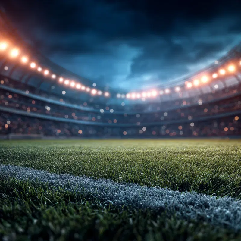 Close-up view of a soccer field corner line with stadium lights in the evening