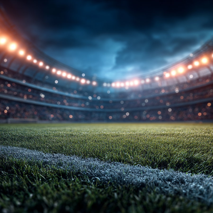 A detailed close-up of a grass soccer field showing the corner white line under stadium lights with a blurred crowd in the background