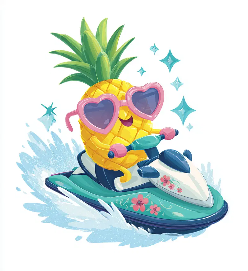Fun illustration of a pineapple character riding a jet ski with heart-shaped sunglasses