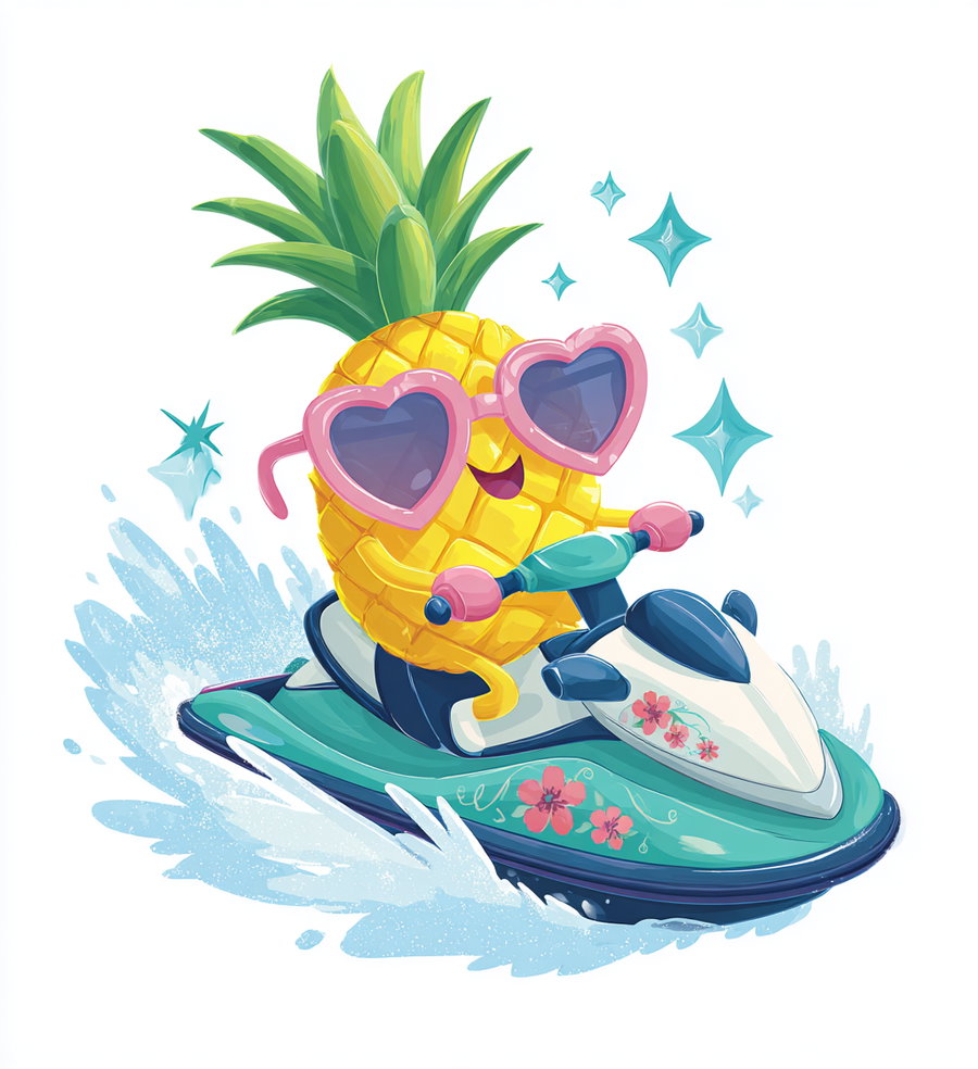 A cartoon pineapple with green leaves, wearing large pink heart-shaped sunglasses, happily riding a teal and white jet ski splashing water