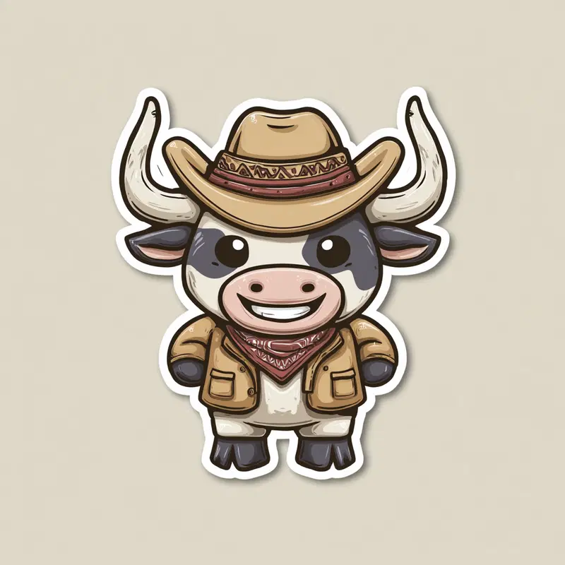 Cute cartoon bull dressed as a cowboy with hat and bandana