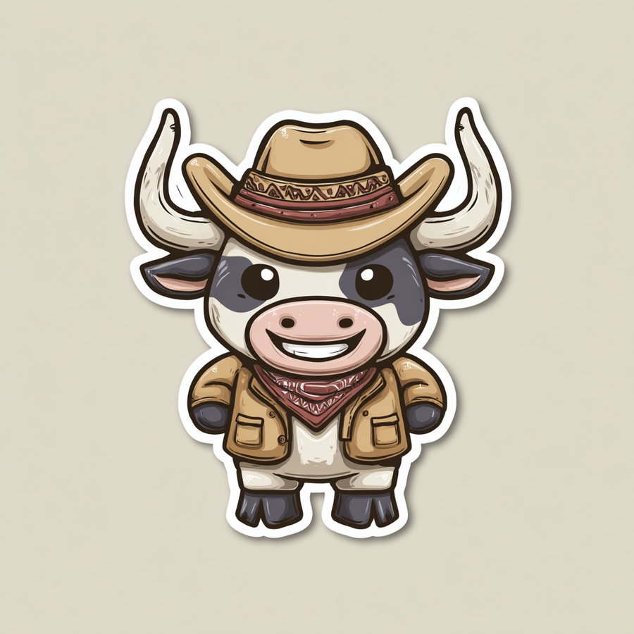 A cute cartoon bull character with large horns wearing a cowboy hat, a red bandana, and a brown jacket, smiling against a plain light background.