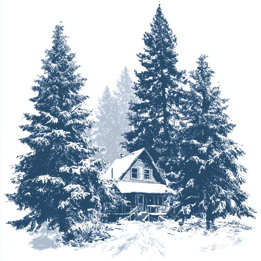 A rustic cabin with a snow-covered roof sits amidst tall pine trees also covered in snow, creating a serene winter forest environment