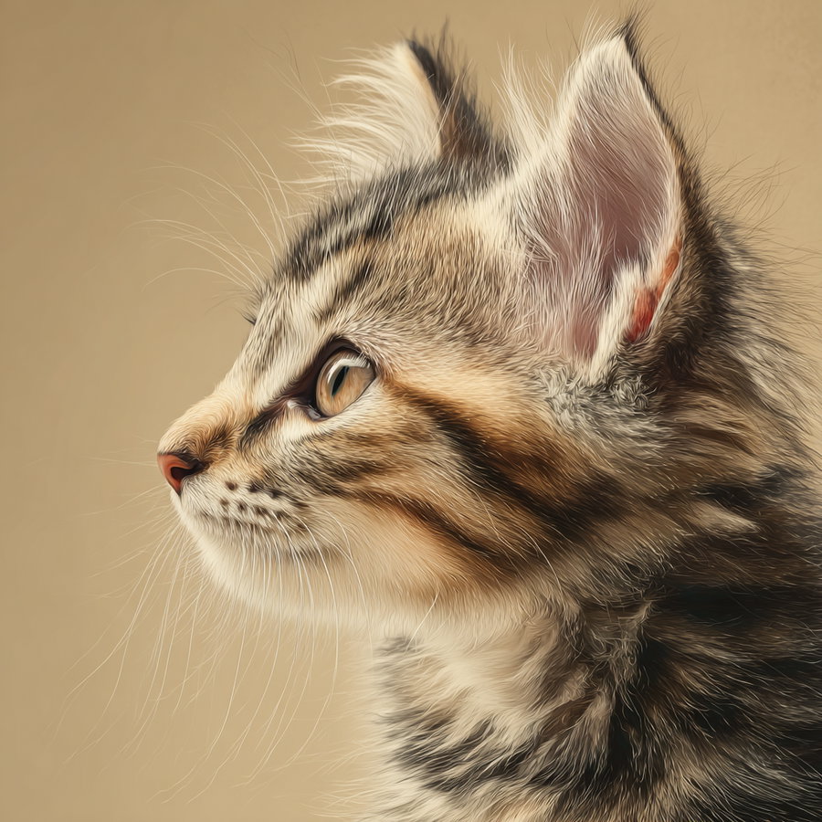 Close-up side view of a kitten's face showing detailed fur, whiskers, and eye with a plain beige background
