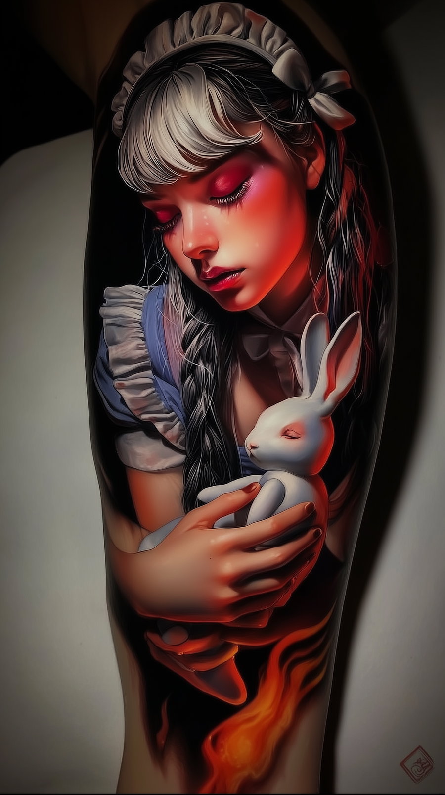 A highly detailed portrait of a young woman with white and black hair in a maid-style outfit, holding a white rabbit with closed eyes, featuring bright red makeup and soft glowing highlights.