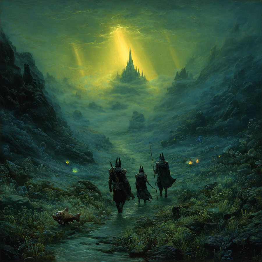 A mysterious fantasy landscape depicting three armored figures walking along a mist-covered path in a lush, dark valley surrounded by rocks and vegetation, with a glowing castle illuminated by beams of yellow light in the distance.