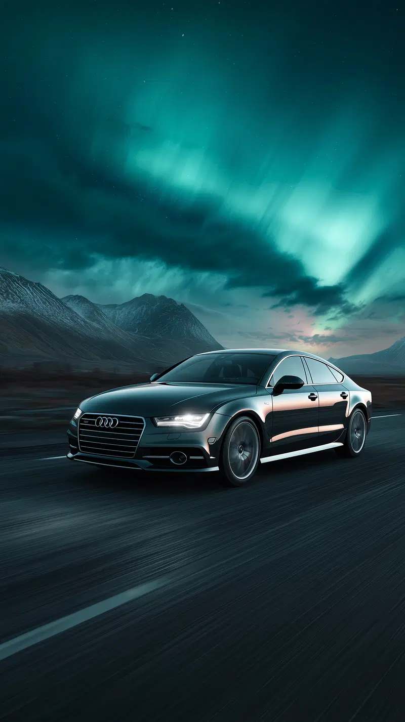 Black Audi car driving on a mountain road under northern lights