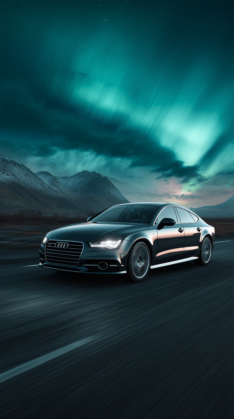 Black Audi sedan car speeding on a road with mountains and northern lights visible in the night sky