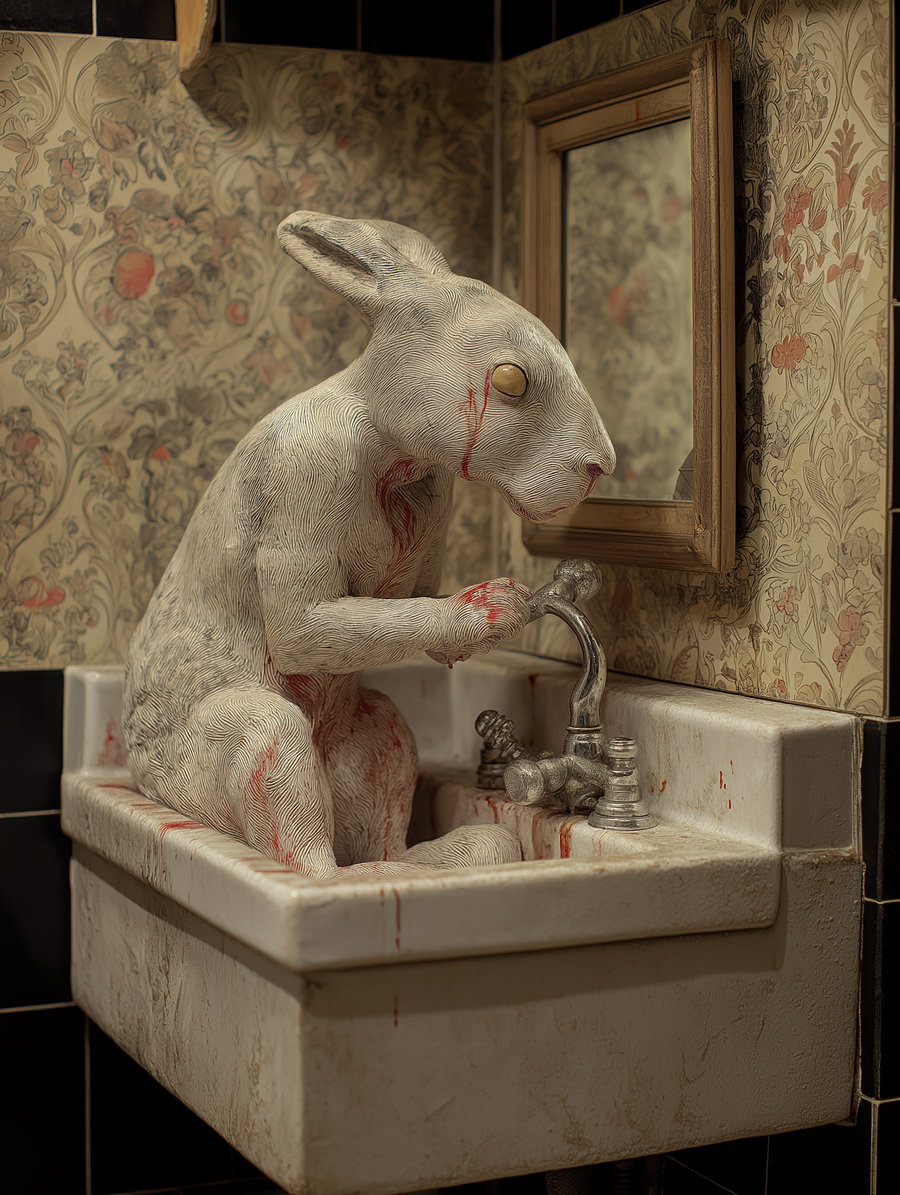 A detailed sculpture of a white rabbit with red markings sitting inside a worn, dirty bathroom sink with vintage floral wallpaper and an old framed mirror