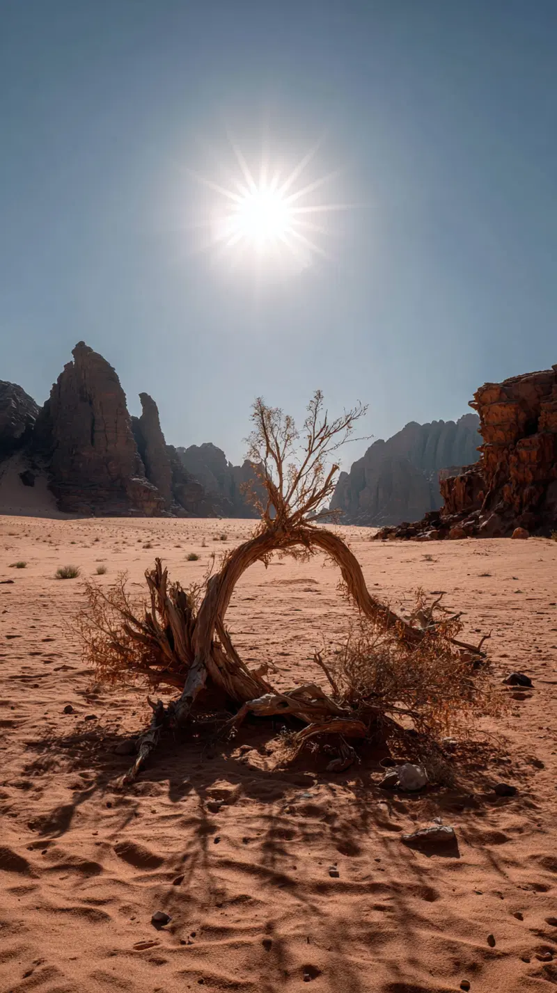 Sunlit desert landscape with dry twisted tree and rocky cliffs