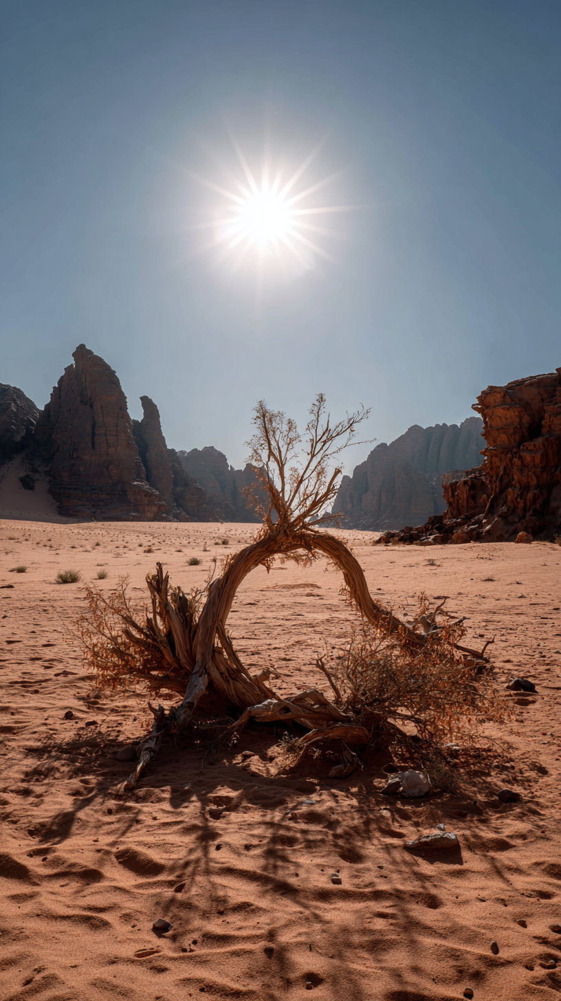 A dry twisted tree in the middle of a sandy desert with rock cliffs in the background under a bright sun in a clear blue sky