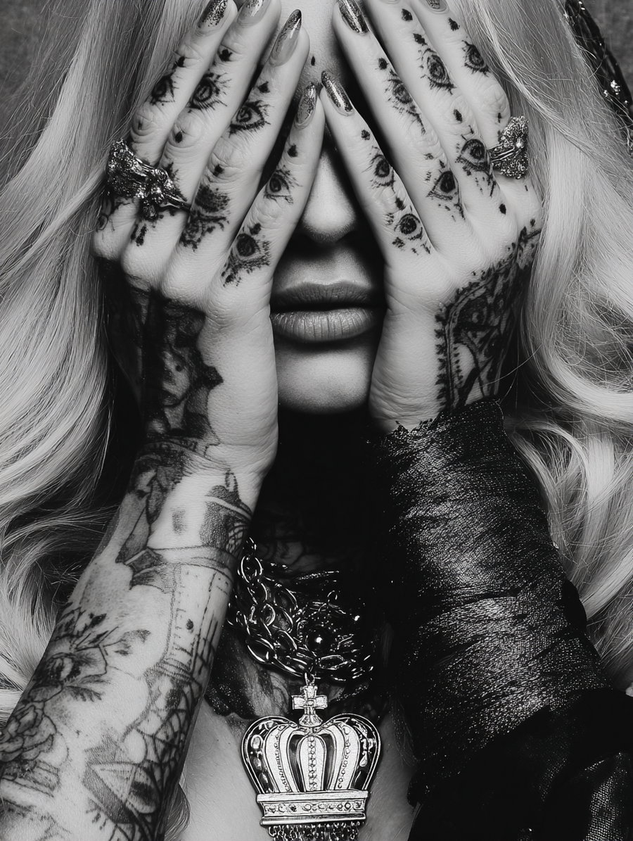 Close-up black and white portrait of a woman with long hair, hands with eye tattoos covering her eyes, wearing rings and a large crown necklace