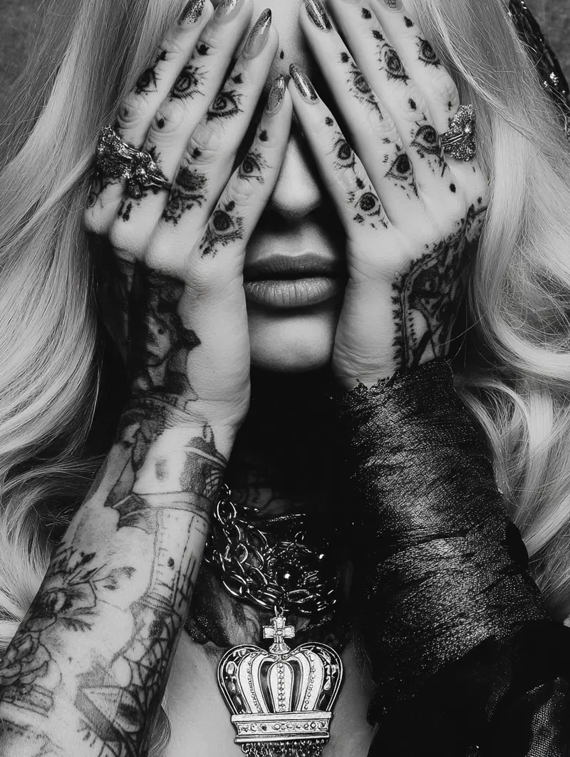 Black and white artistic portrait of a tattooed woman covering her eyes with hands