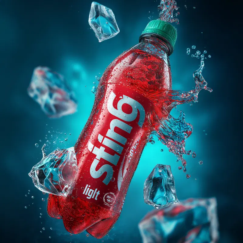 A vibrant still life of a red Sting energy drink bottle surrounded by ice cubes and water splash