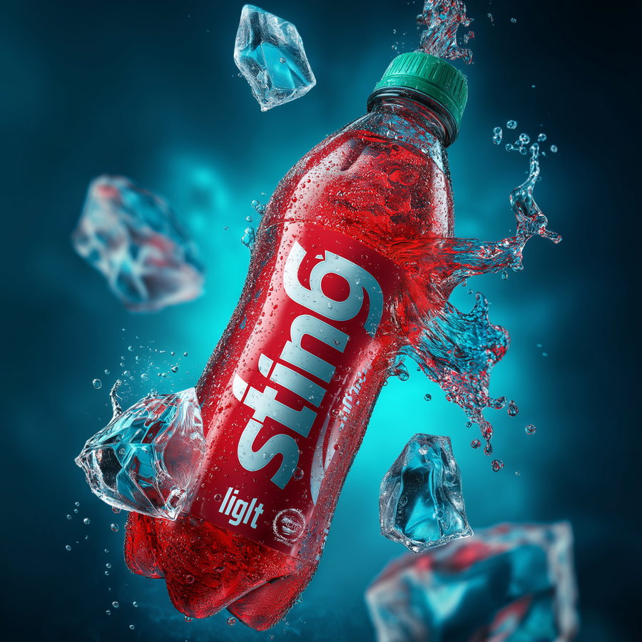 Red Sting energy drink plastic bottle with water droplets, surrounded by ice cubes and splashing water against a blue background