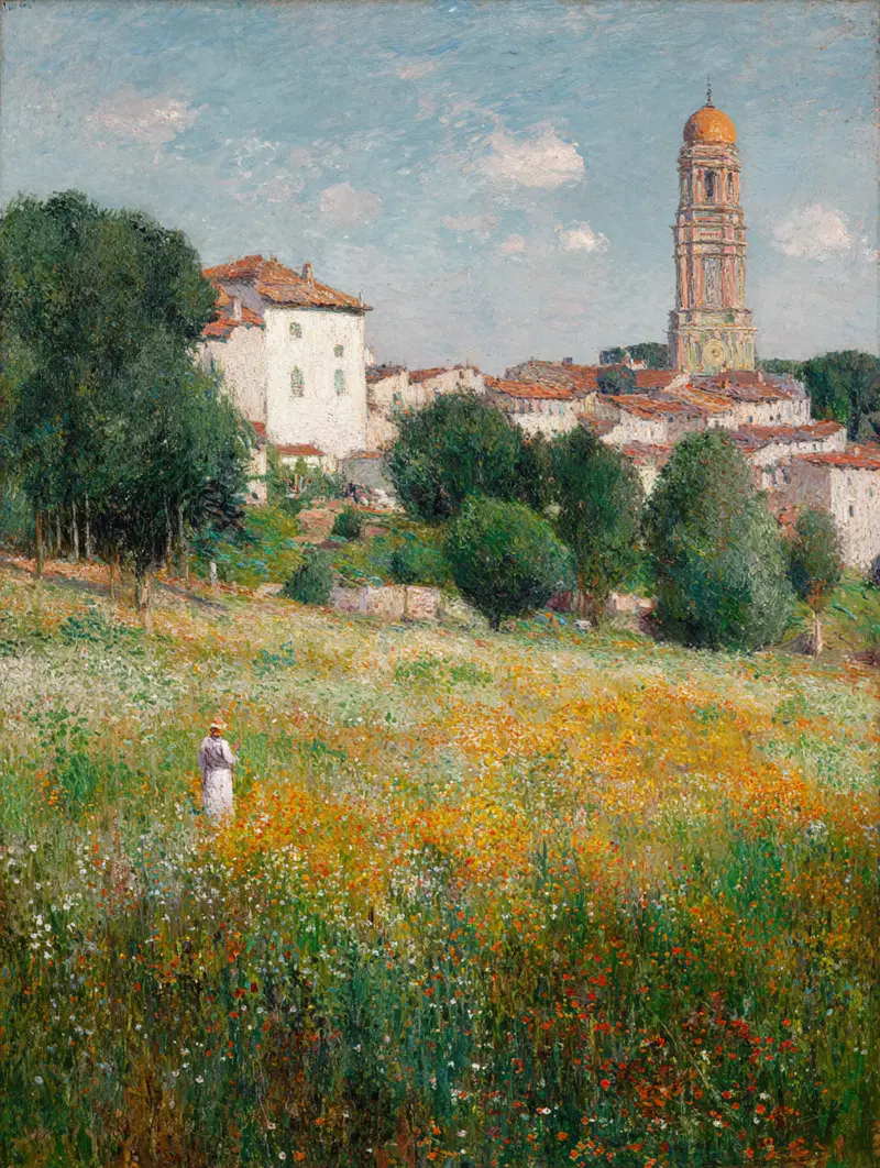 Impressionist landscape with wildflower meadow and village buildings