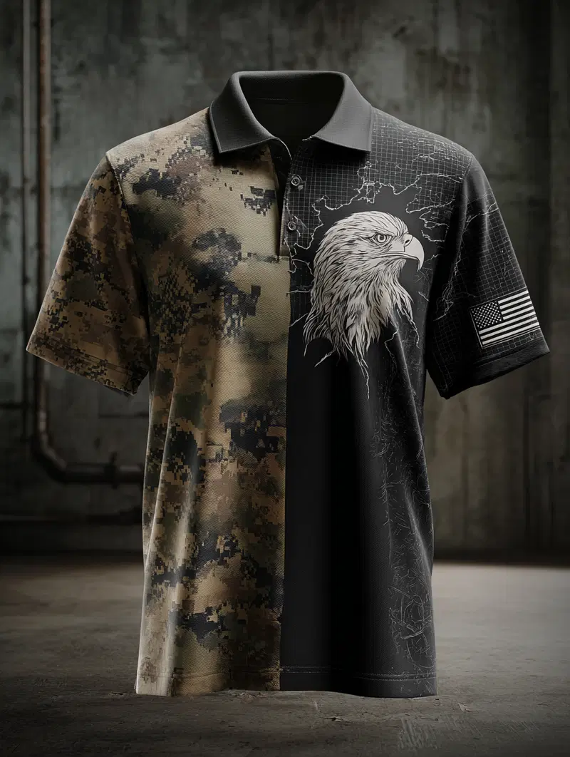 Men's polo shirt with camouflage print and bald eagle graphic design