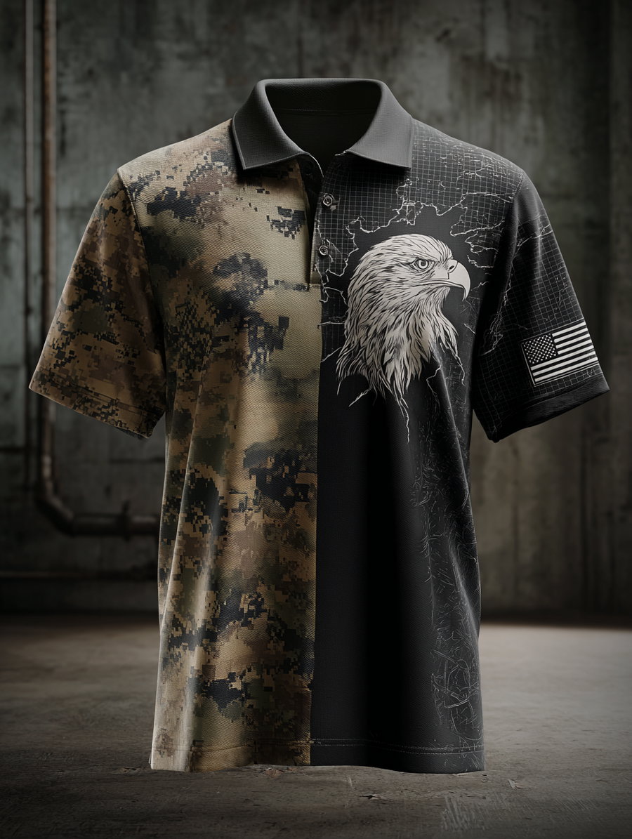 A men's polo shirt featuring a camouflage pattern on one half and a black sleeve with a bald eagle illustration and American flag patch on the other half