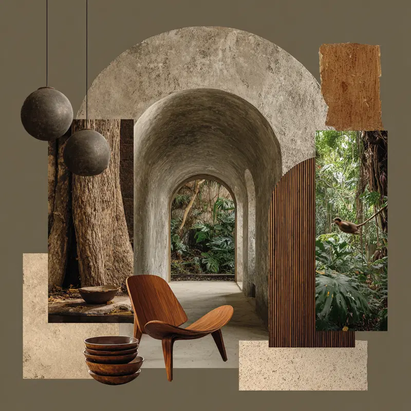 Collage of natural textures and modern wooden furniture in an indoor setting