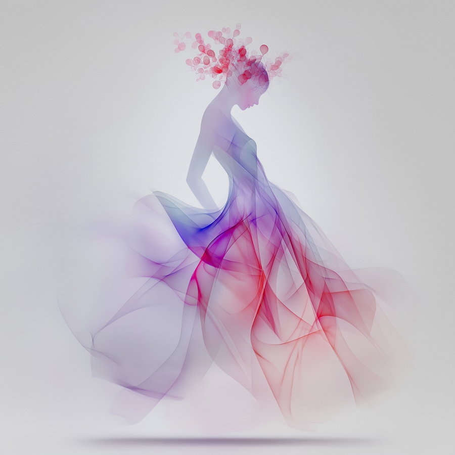 Digital artwork of a woman in side profile wearing a flowing translucent dress in shades of purple and red, with delicate red floral elements around her head on a light background