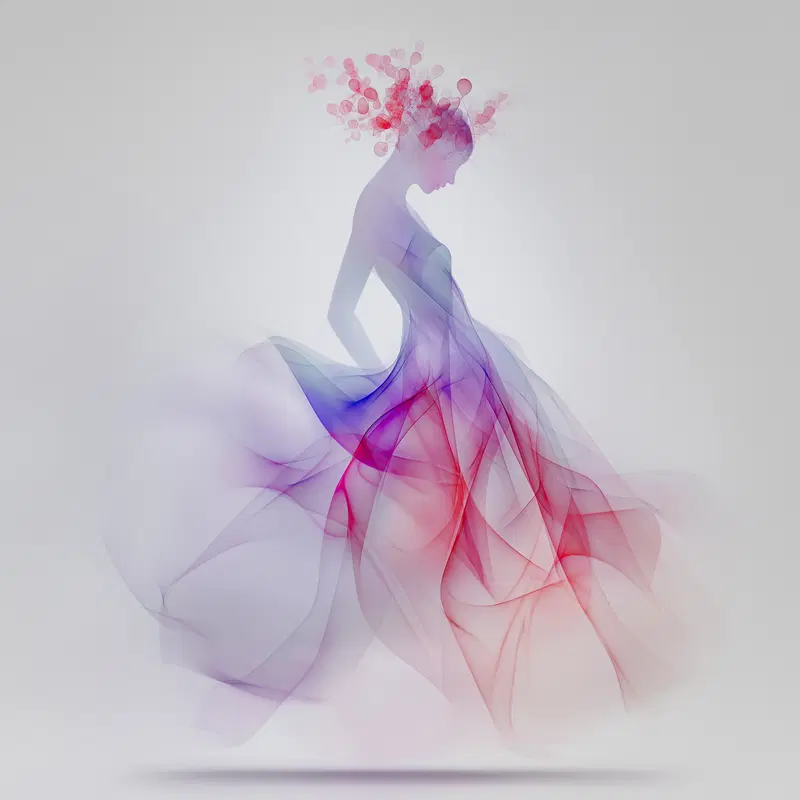 Ethereal digital portrait of a woman in flowing translucent dress with floral headpiece