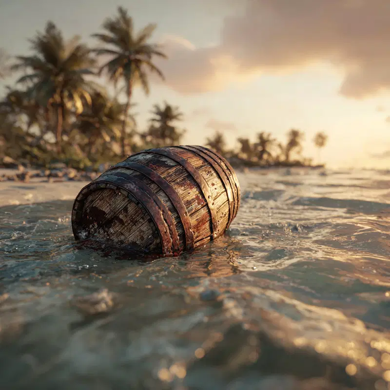 Sunlit ocean water with an old wooden barrel near a tropical beach