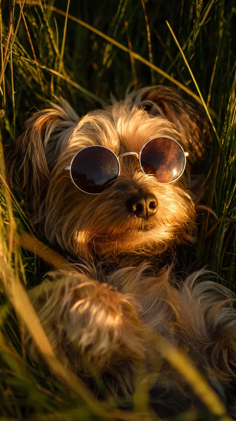 Close-up of a relaxed dog wearing round sunglasses lying in grass