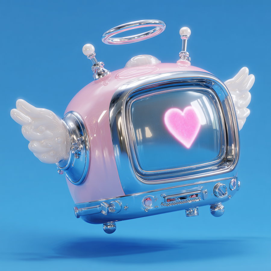 A 3D render of a vintage pink television with shiny chrome details, angel wings on the sides, a halo on top, and a glowing pink heart displayed on the screen against a blue background