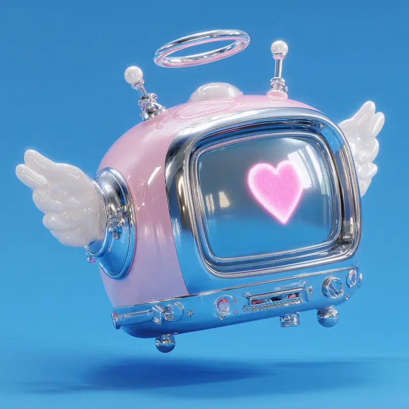 Retro-futuristic pink vintage TV with angel wings and a heart on screen