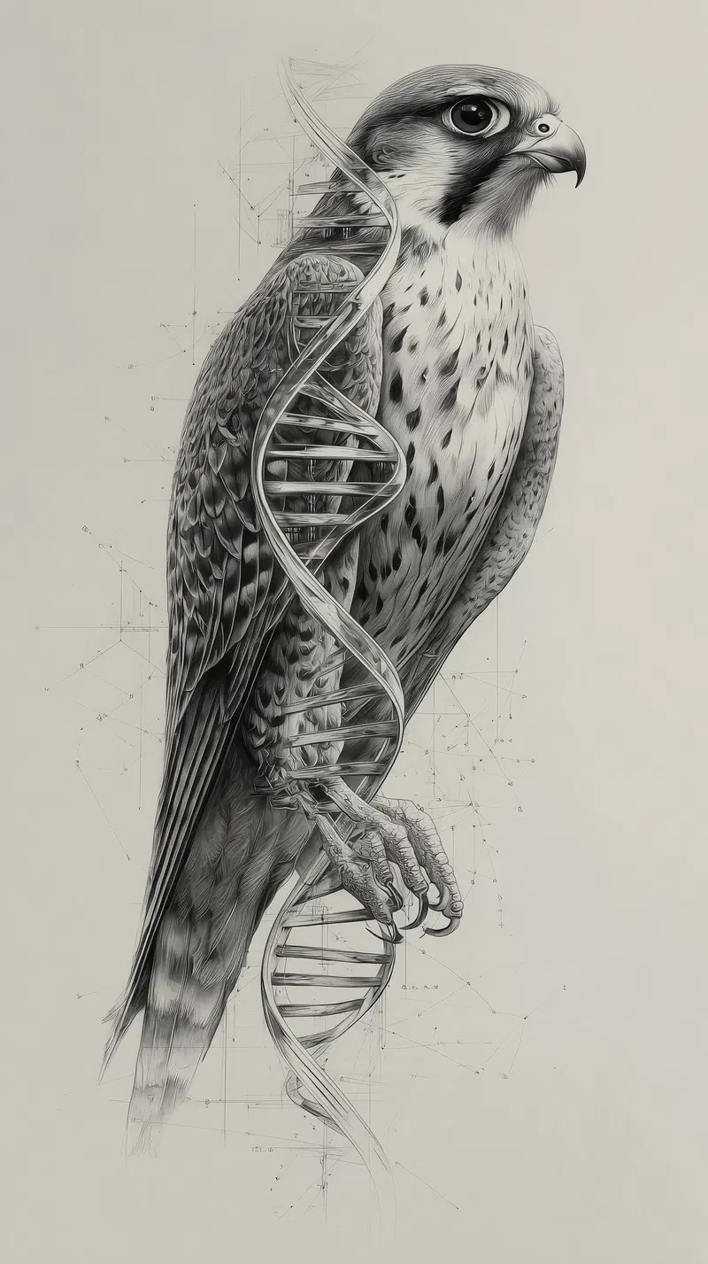 Detailed sketch of a falcon intertwined with a DNA double helix structure