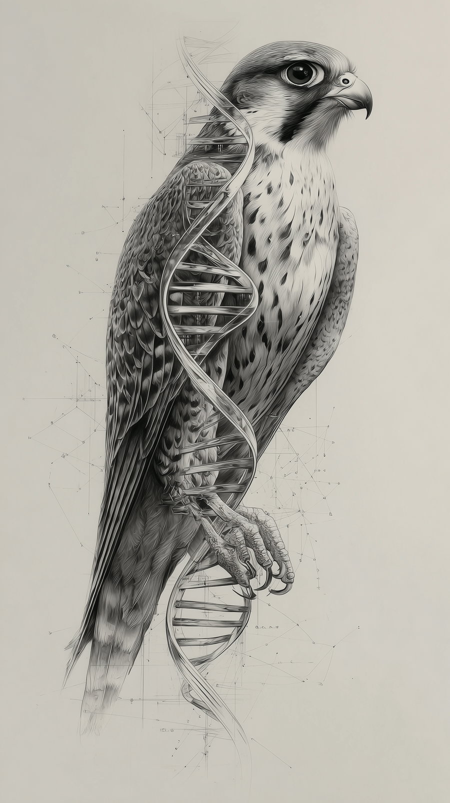 Black and white drawing of a falcon perched with a large DNA double helix spiraling alongside its body against a light background