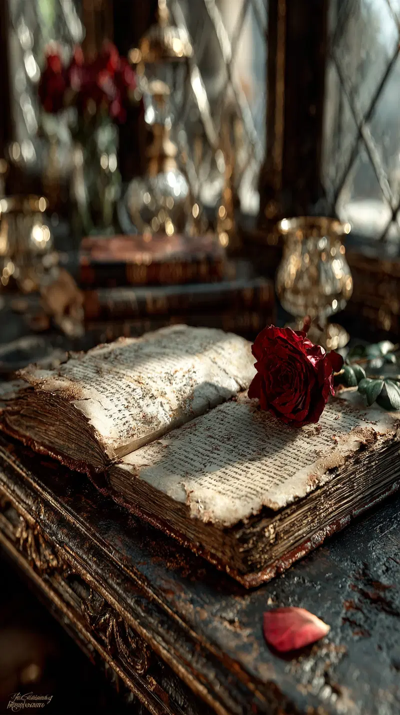 Still life of an old book with a deep red rose on an antique table