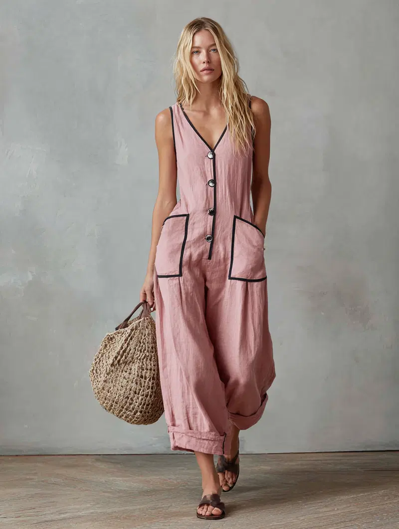 Stylish woman wearing a casual pink jumpsuit carrying a woven bag