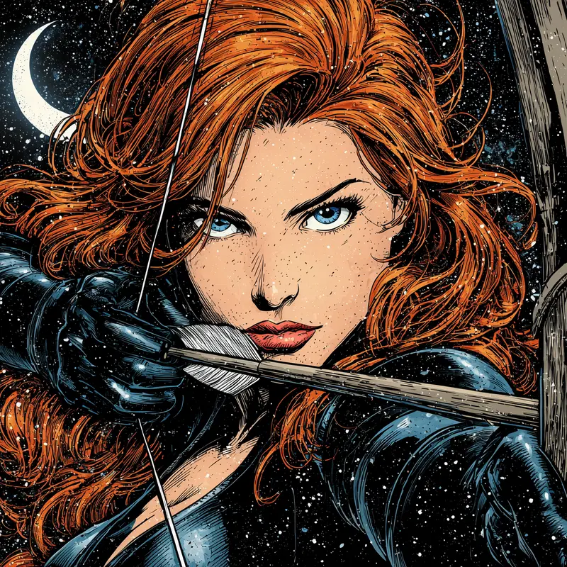 Intense red-haired woman aiming an arrow with determination under the moonlight