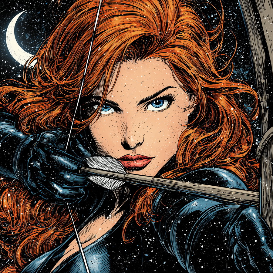 A detailed illustration of a focused woman with vibrant red hair, blue eyes, and black gloves, drawing a bow and arrow at night with a crescent moon in the background.
