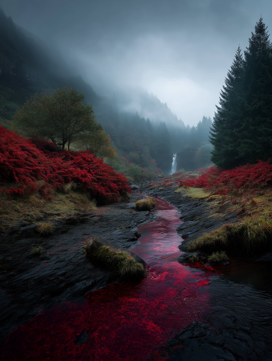A foggy forest landscape with tall evergreen trees, red ferns covering the forest floor, a small river running through the valley, and a waterfall in the background